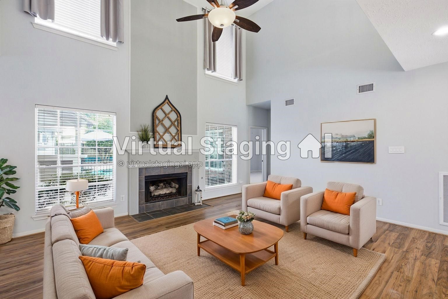 323 Magic Oaks Court Spring, TX 77388 - Photo 14 of 49 Here is the great room with virtual staging. Not much is needed to show off the soaring ceilings, beautiful view of the backyard oasis, and gorgeous natural lighting.
