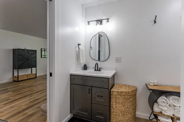 a bathroom with a shower curtain