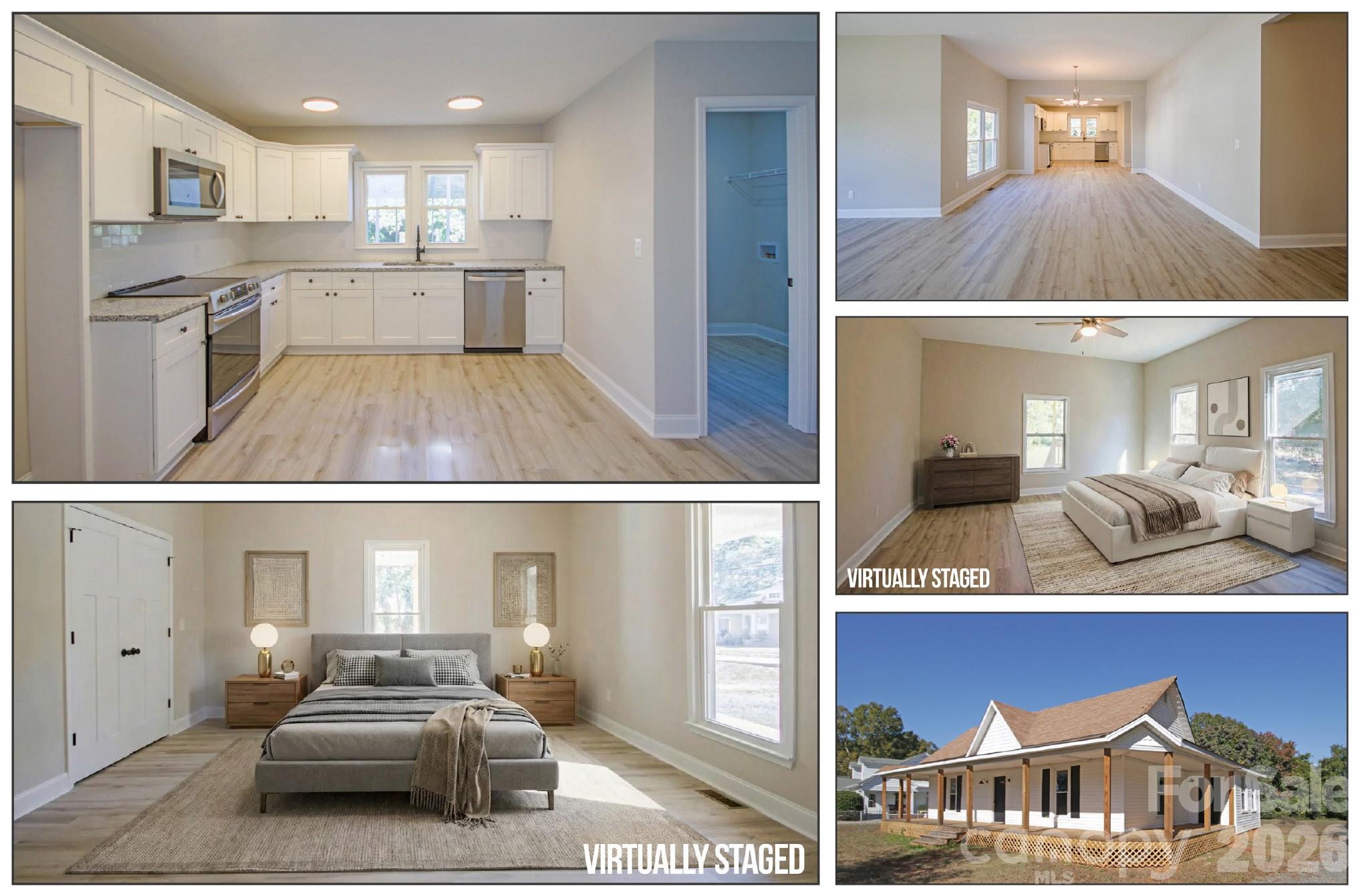 a living room with furniture and a kitchen view