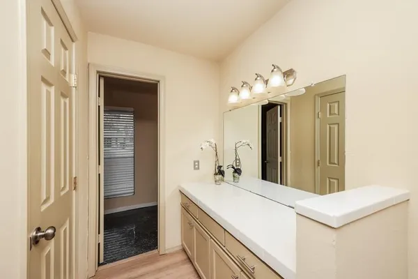 a bathroom with a sink a mirror and a shower