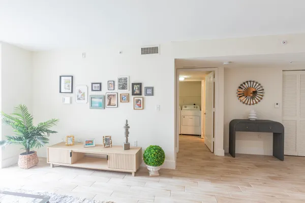 a living room with furniture and a potted plant