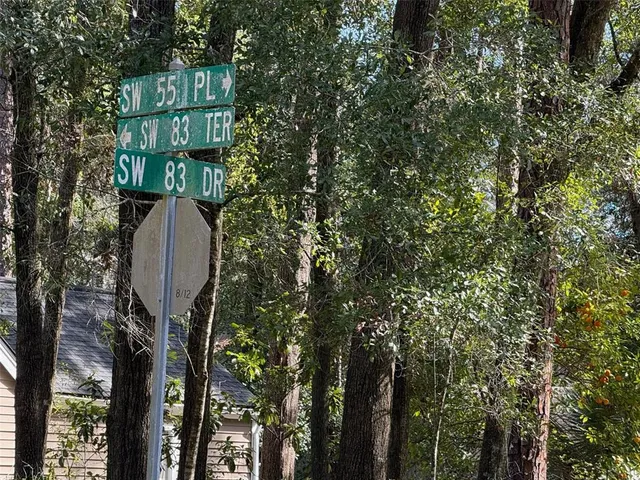 a view of outdoor space with signage and flags