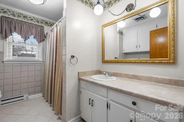 a bathroom with a sink a mirror and a shower