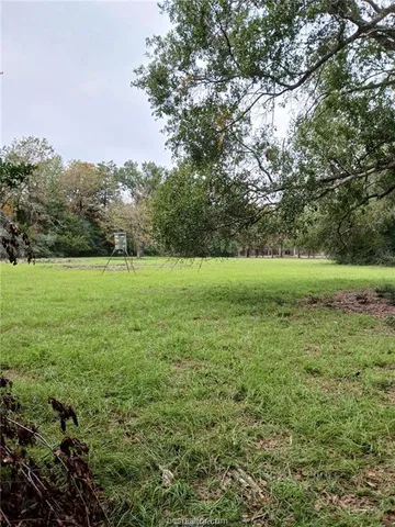 a view of a green field with trees in the background