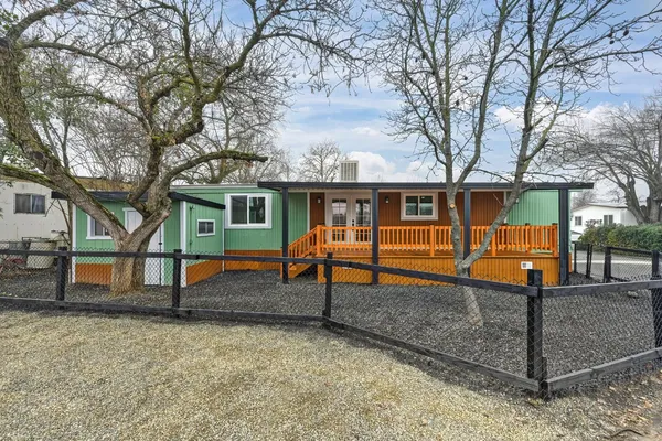 a view of a house with a yard and a large tree