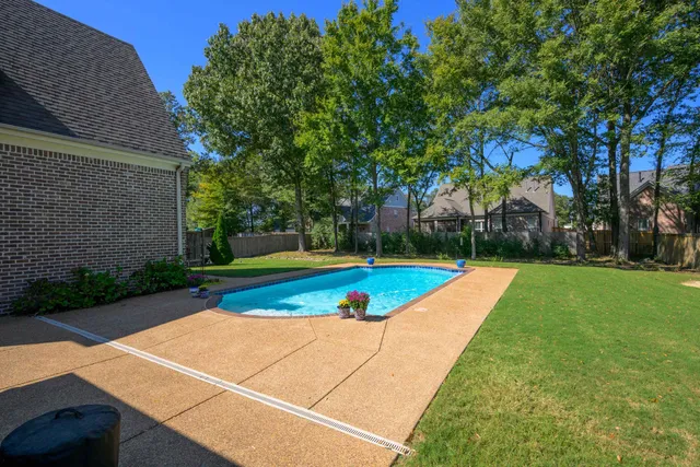a view of a tennis ground with large trees
