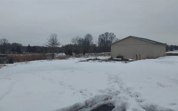 a view of a dry yard with a bench and trees