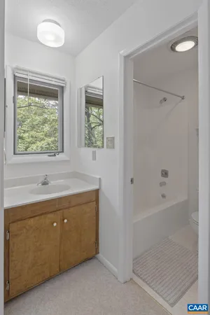 a bathroom with a tub sink and mirror