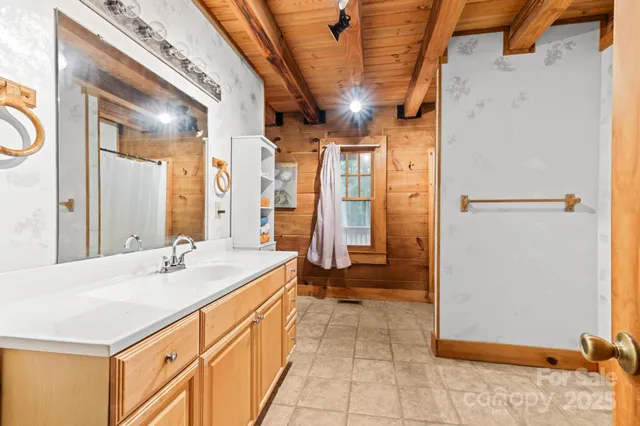 a bathroom with a sink a mirror and a shower