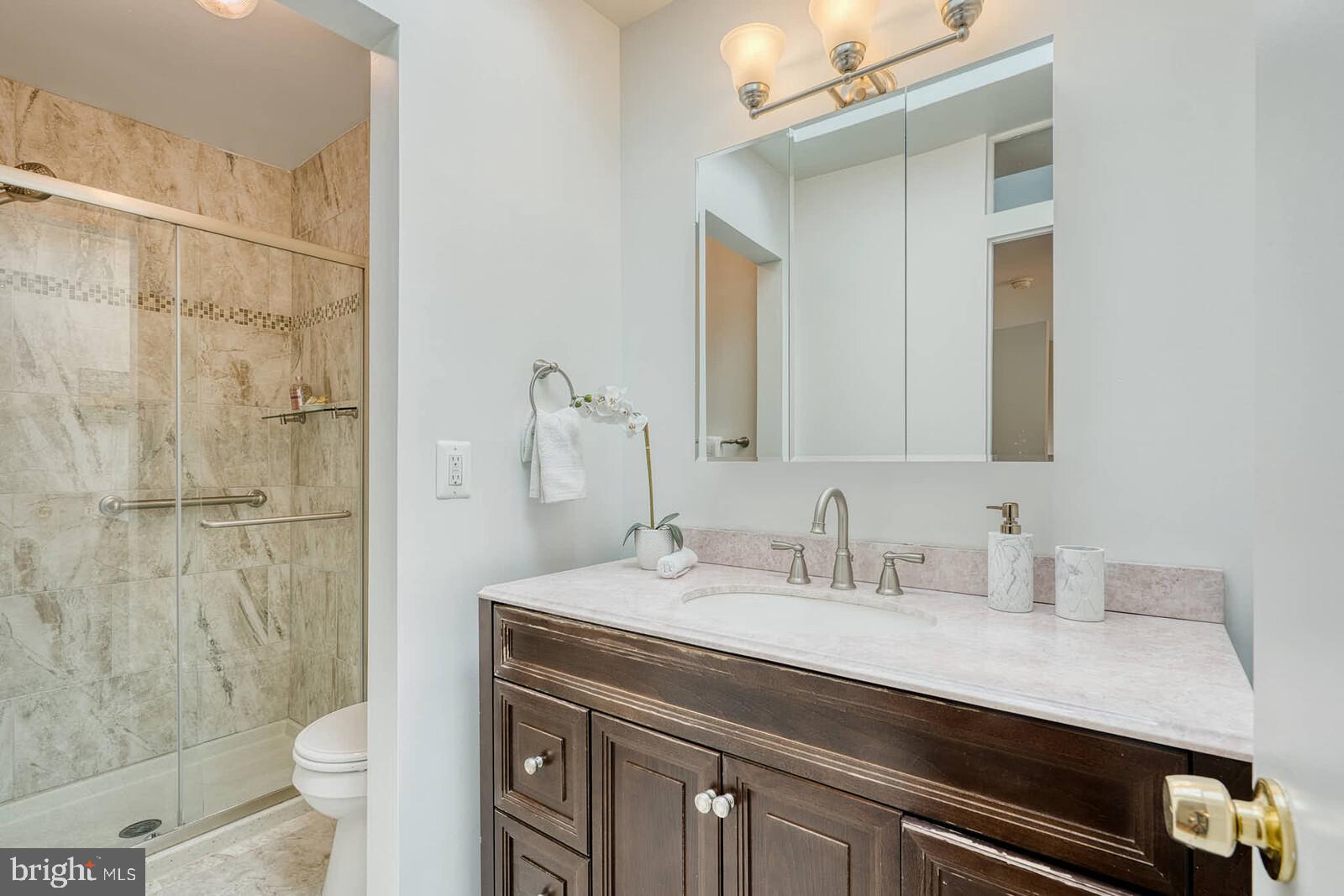 9238 Three Oaks Drive Silver Spring, MD 20901 - Photo 20 of 42 a bathroom with a sink a toilet a shower and a mirror