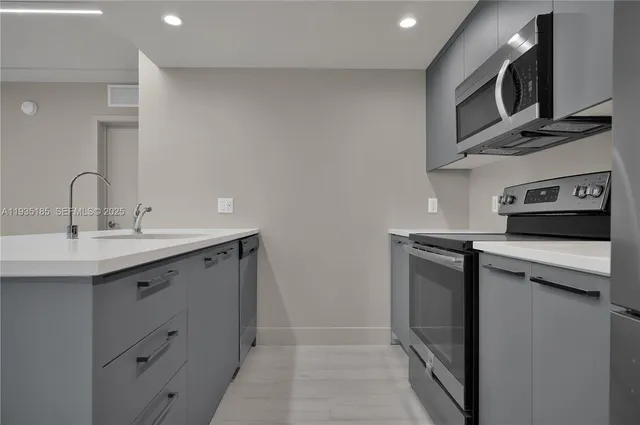 a kitchen with stainless steel appliances white cabinets and a sink