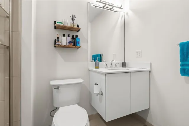a bathroom with a sink a toilet and a mirror