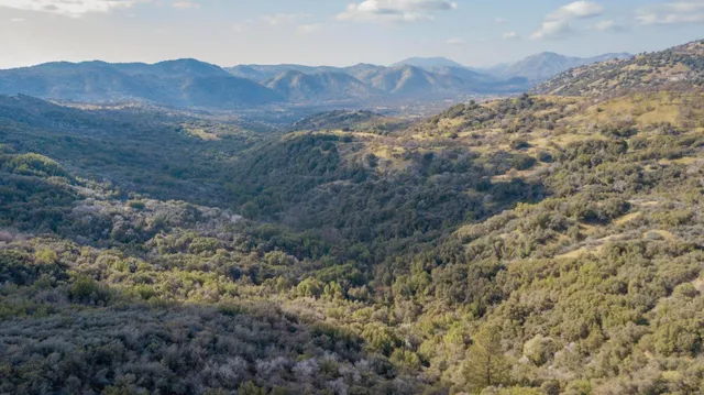 a view of a field with mountains in the background