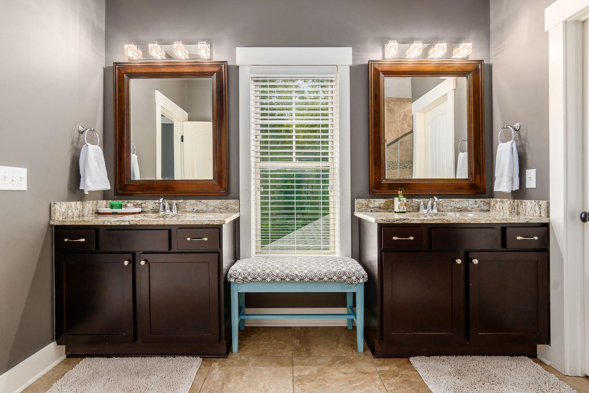 1002 Rambling Brook Way Delaware, OH 43015 - Photo 39 of 104 The Primary Suite features an elegant tray ceiling, wall of windows and attached full bath with double vanity, private water closet, glass shower and dual closets.