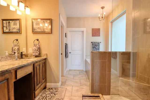 a bathroom with a granite countertop sink a mirror and a shower
