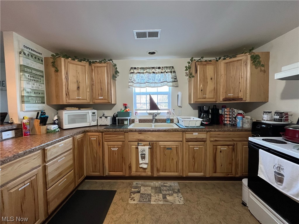 4972 West Fremont Road Port Clinton, OH 43452 - Photo 6 of 29 Kitchen featuring range hood, sink, light carpet, white appliances, and dark stone counters