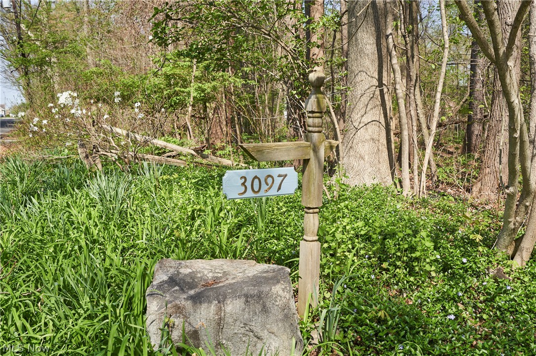 3097 Baughman Road Clinton, OH 44216 - Photo 20 of 27 Carved wooden address post with blue numerical plaque, set amidst lush green foliage for extra privacy