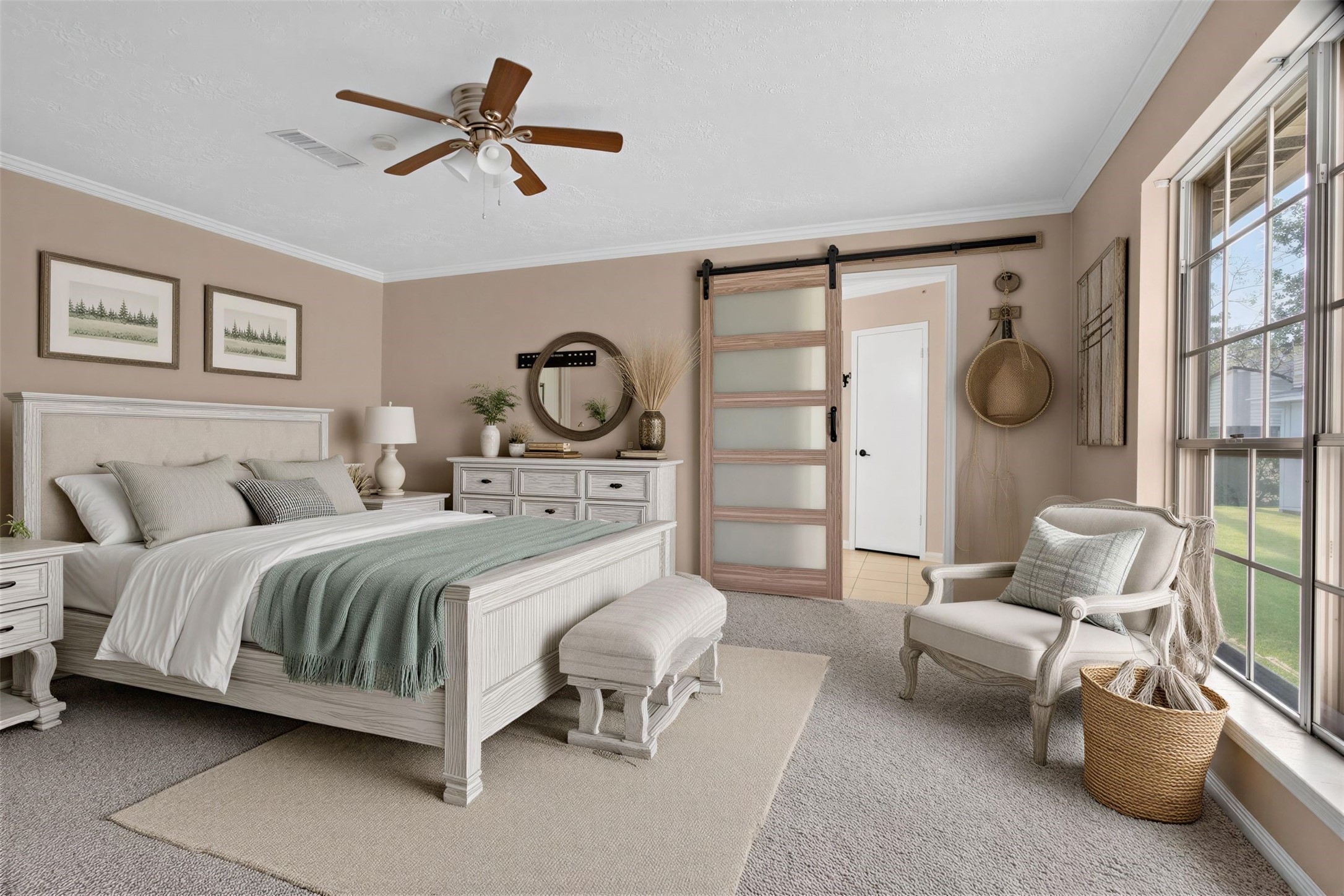 27210 Jimmy Lane Conroe, TX 77385 - Photo 17 of 43 a spacious bedroom with a bed a couch and a chandelier