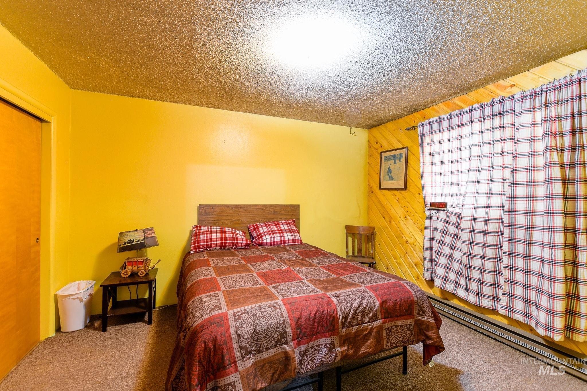 243 North Fir Street Genesee, ID 83832 - Photo 23 of 50 Carpeted bedroom with a closet, a textured ceiling, and wood walls