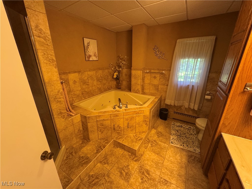 1452 Avalon Road Wooster, OH 44691 - Photo 19 of 31 Full bath featuring a whirlpool tub, a baseboard radiator, a drop ceiling, and vanity