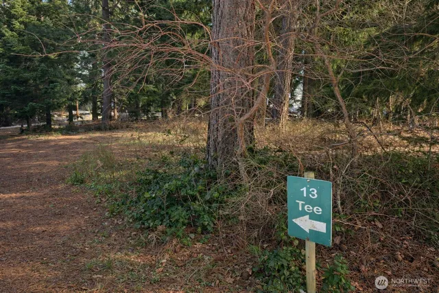 a sign board with tall trees