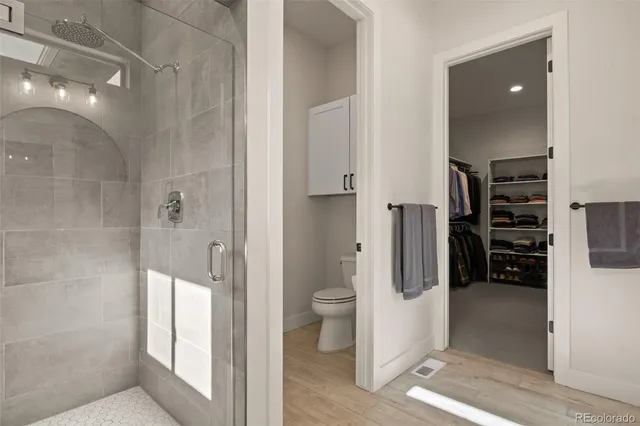 a bathroom with a shower and toilet