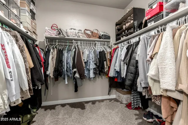 a view of walk in closet with clothes and shoes