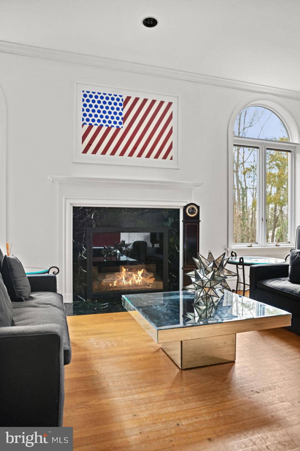 145 East Bells Mill Road Philadelphia, PA 19118 - Photo 19 of 38 a living room with furniture a fireplace and a floor to ceiling window