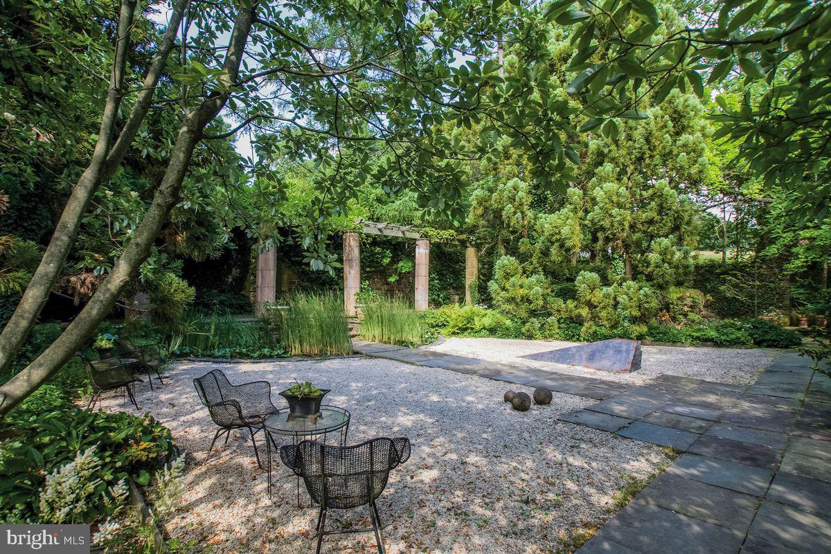 145 East Bells Mill Road Philadelphia, PA 19118 - Photo 36 of 38 a view of a backyard with table and chairs potted plants and large tree