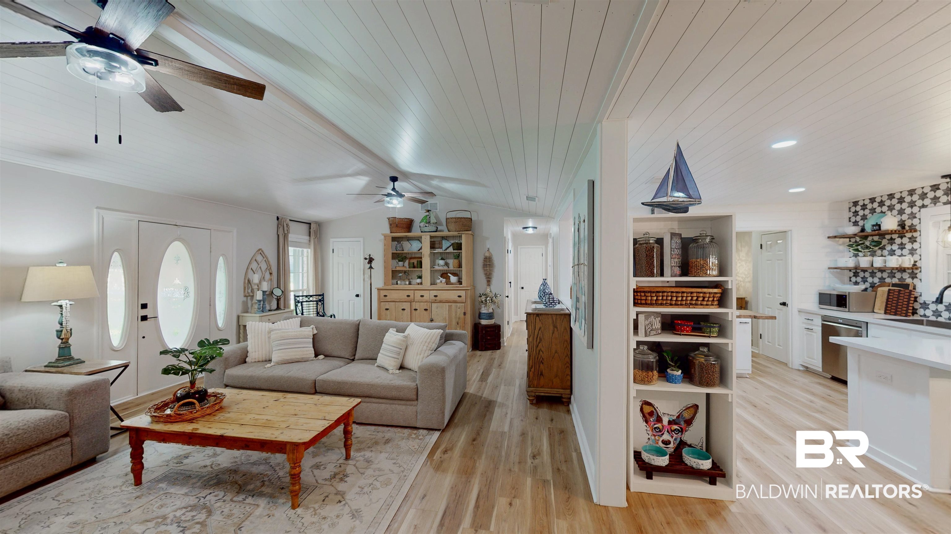 9902 Clarke Ridge Road Foley, AL 36535 - Photo 36 of 61 Living room featuring wooden ceiling, lofted ceiling, a ceiling fan, and light wood-style flooring