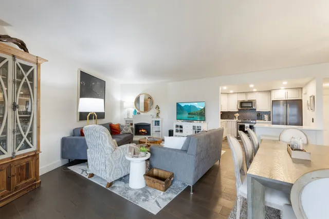 a view of a dining room with furniture