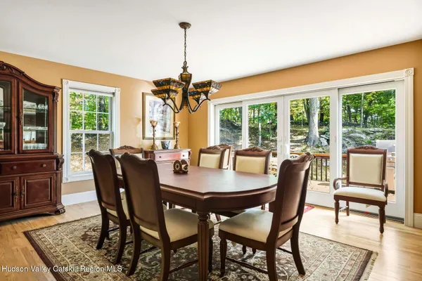 a view of a dining room with furniture window and wooden floor