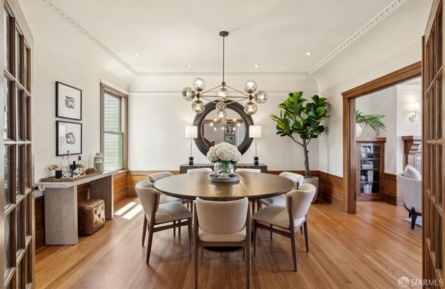 a view of a dining room with furniture window and wooden floor