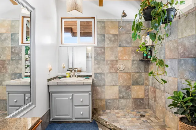 a bathroom with a granite countertop shower a mirror and a sink