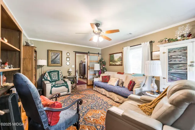 a living room with furniture ceiling fan and a rug