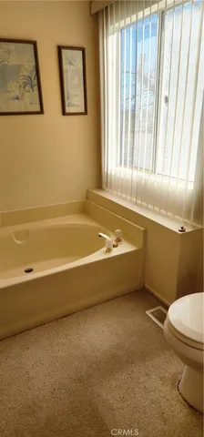 a bathroom with a bathtub and a toilet
