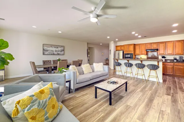 a living room with furniture and a potted plant