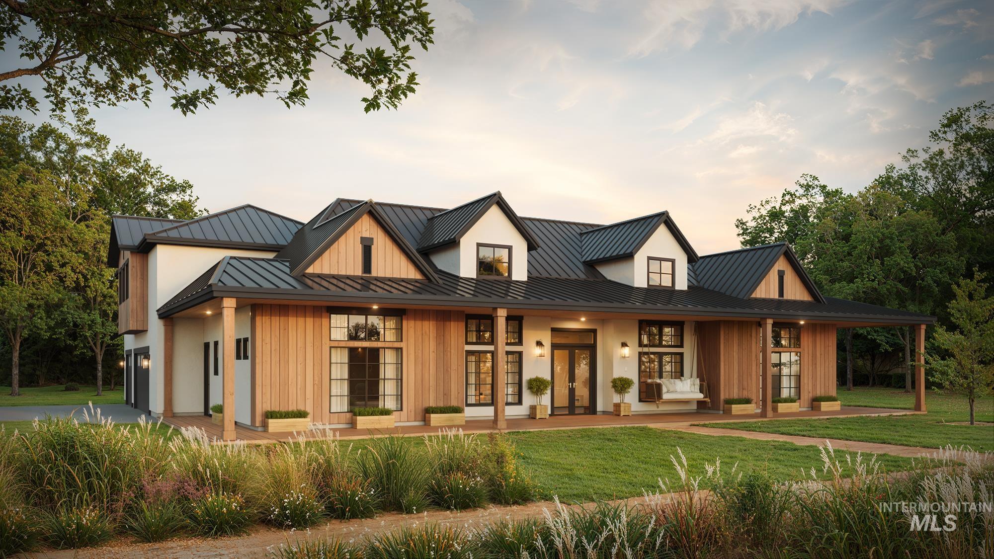 Modern farmhouse featuring a porch, french doors, a front yard, a standing seam roof, and board and batten siding
