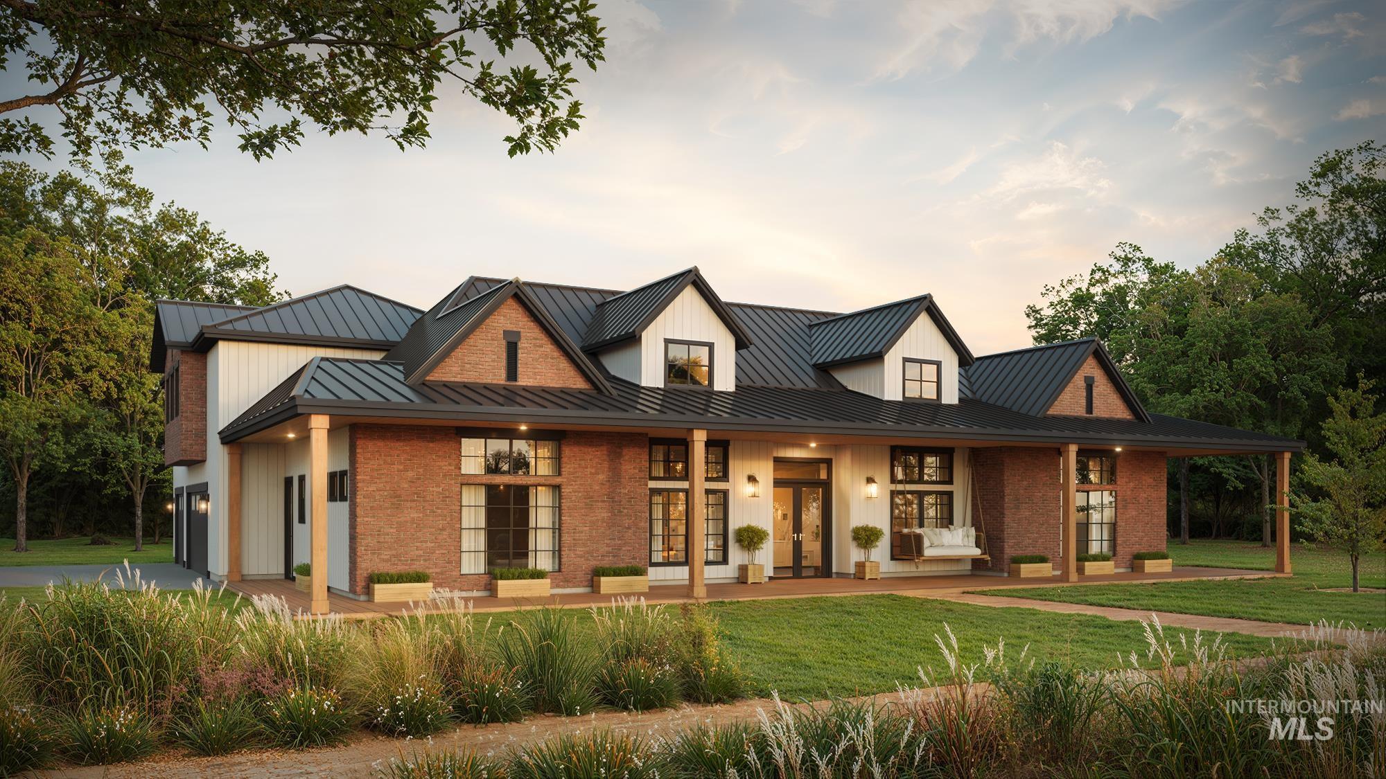 Tbd Tbd Tbd Cabernet Lane Caldwell, ID 83607 - Photo 19 of 20 Modern farmhouse style home featuring a porch, brick siding, a standing seam roof, a front yard, and french doors