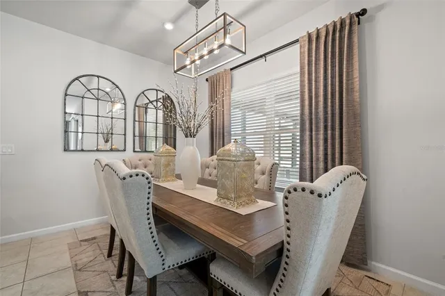 a view of a dining room with furniture and window