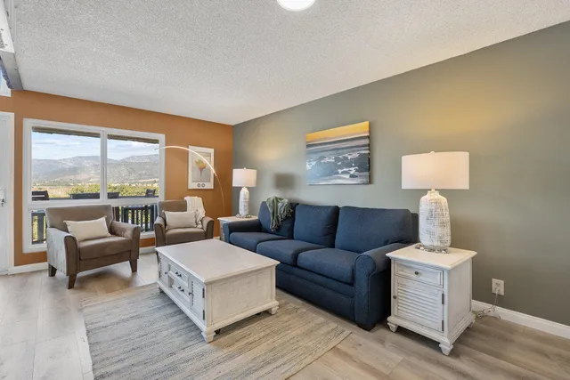 a living room with furniture and a lamp