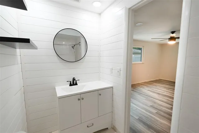 a bathroom with a sink and a mirror