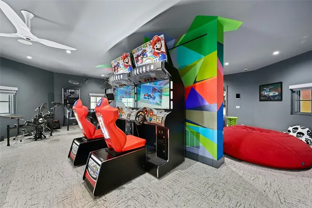 a room with furniture and gym equipment