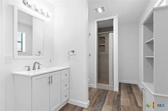 a bathroom with a sink and a mirror