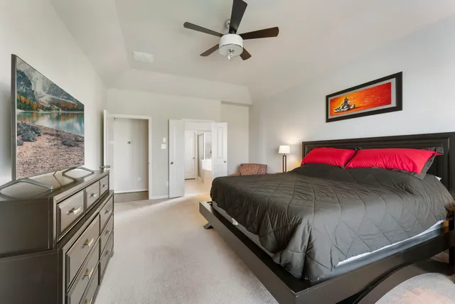 a bedroom with a bed and dresser