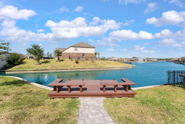 a view of a lake with a terrace