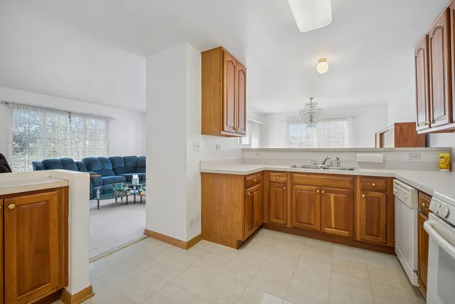 a kitchen with stainless steel appliances granite countertop wooden cabinets a stove a sink and a dishwasher