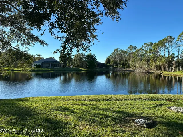 a view of a lake with a yard and large trees