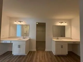 a bathroom with a sink a mirror and a window