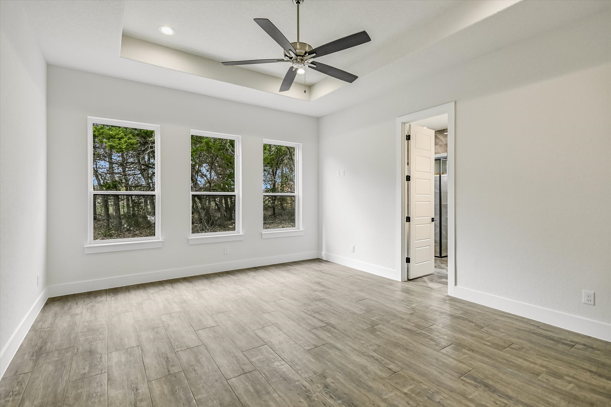 32 Peace Pipe Wimberley, TX 78676 - Photo 13 of 20 Unfurnished room featuring a ceiling fan, a tray ceiling, and light wood-style flooring